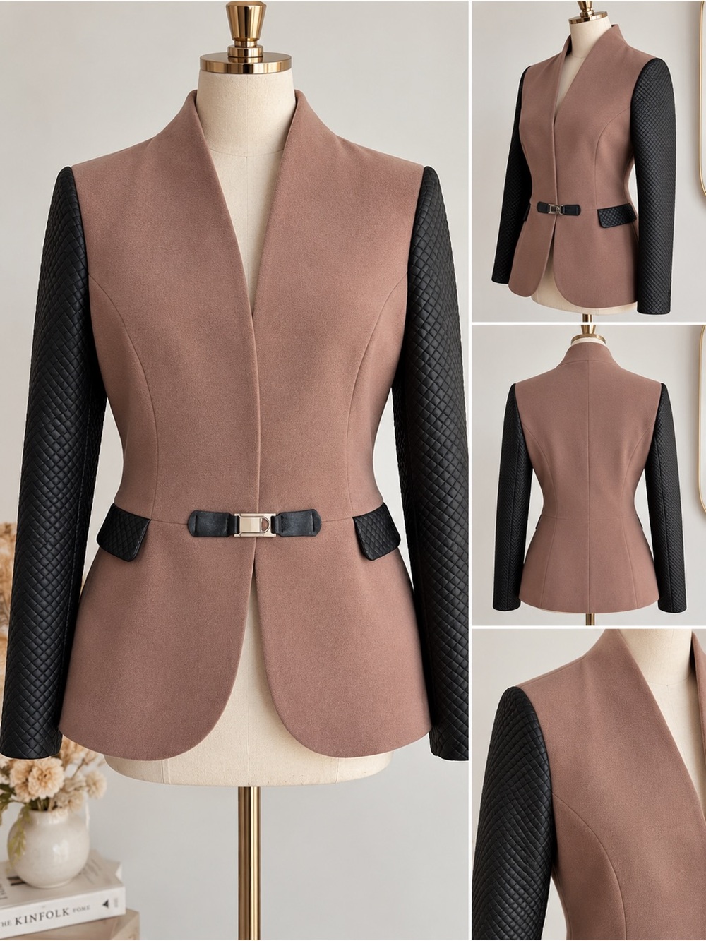 Elegant Wool Blend Women’s Jacket – Black Quilted Sleeves